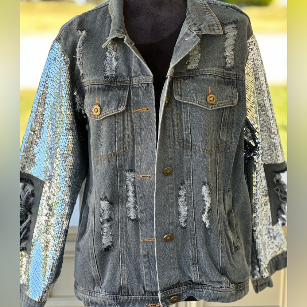 NWOT Sequin Distressed Denim Jacket